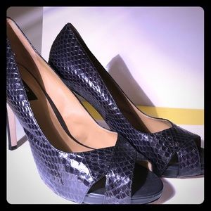 Navy croc-leather platform open toe shoes.